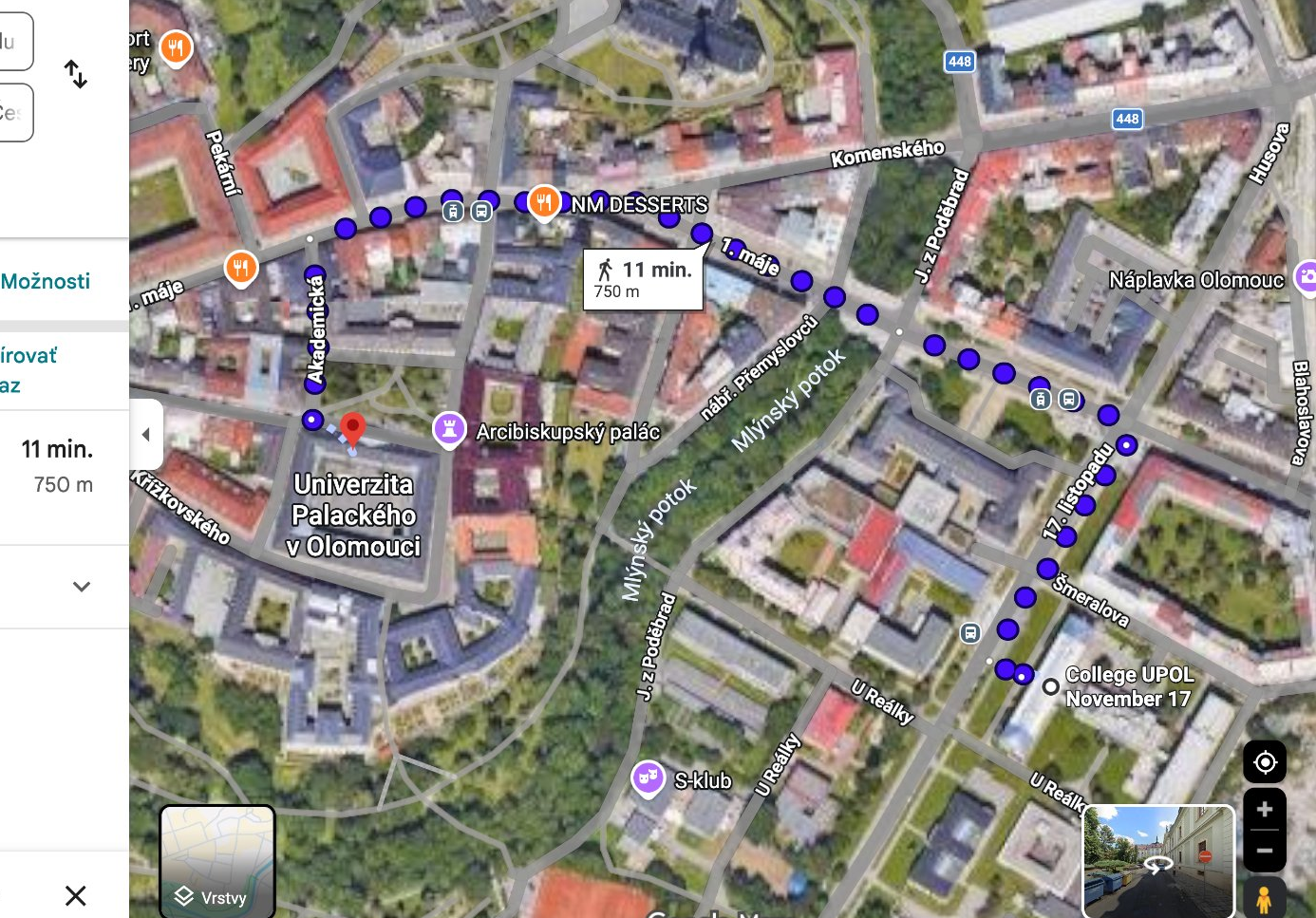 Mapa trasy z College UPOL November 17 do Coffee Library — 11 minút pešo, 750 m