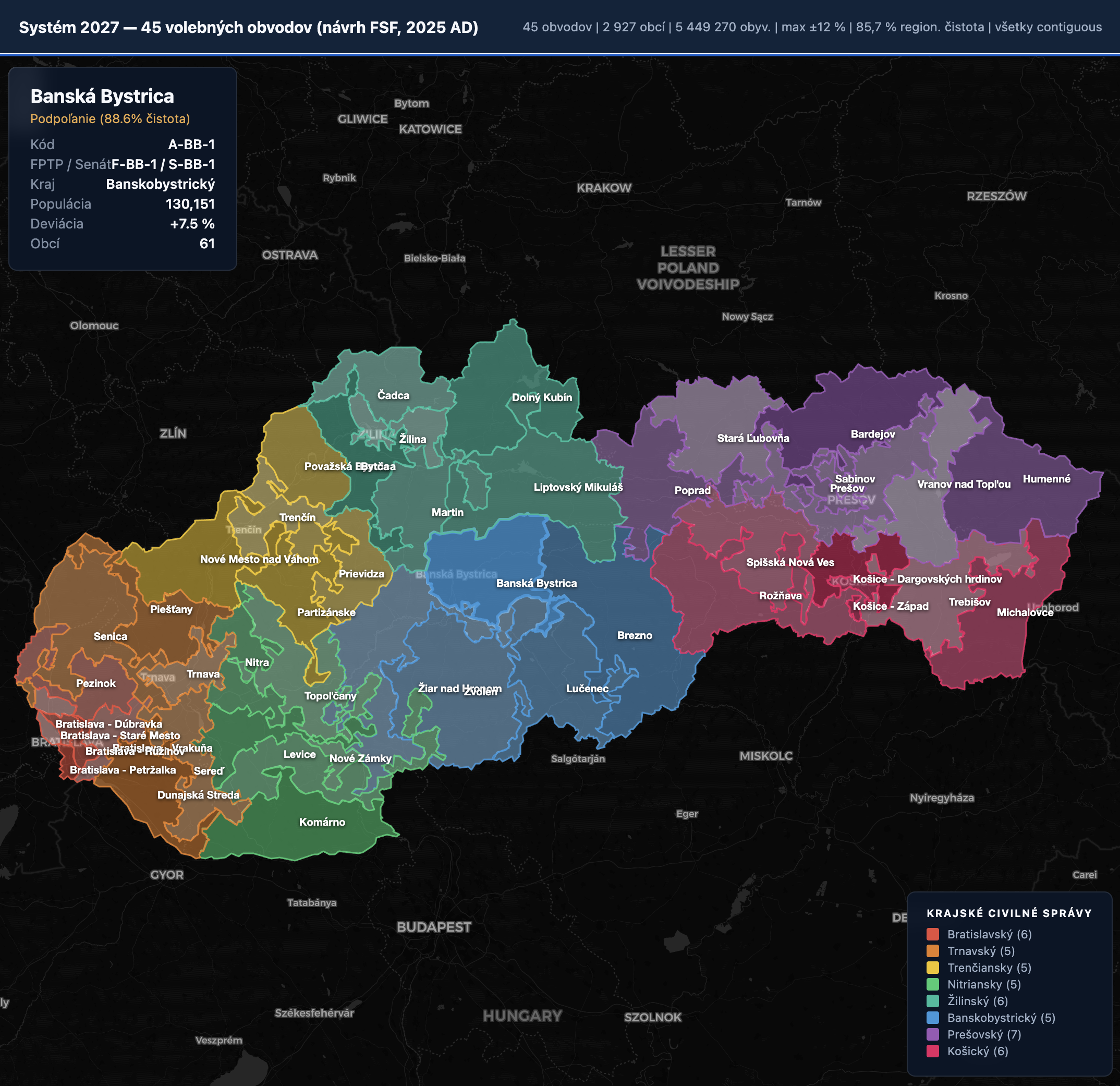 Orientačná mapa 45 volebných obvodov Slovenska — pracovný podklad FSF. Každý obvod je farebne odlíšený podľa regionálnej príslušnosti.